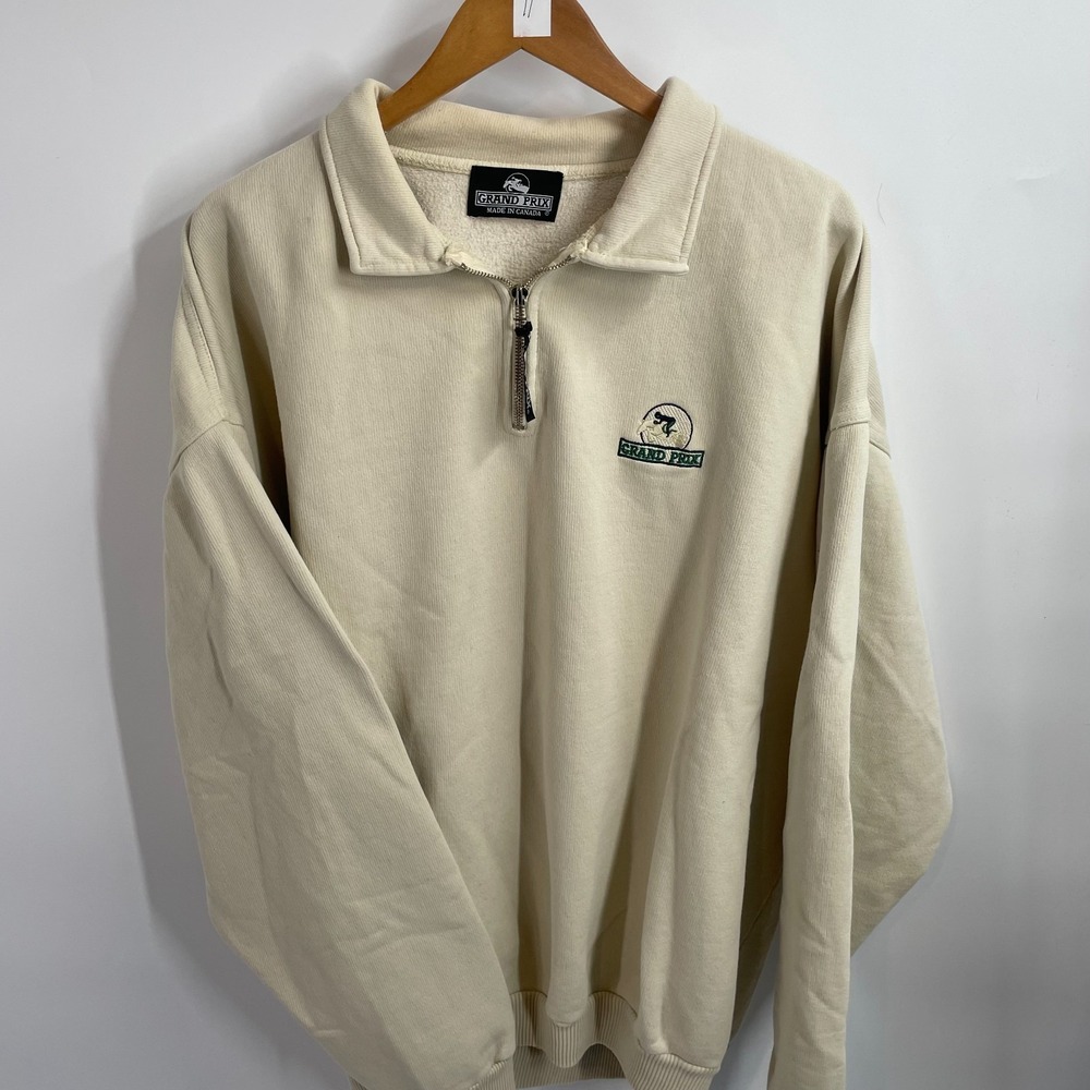 Vintage Grand Prix 1/4 Zip Sweatshirt Cream Collared Pullover Mens Large L